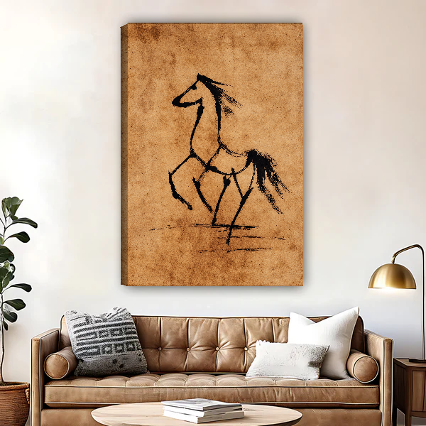 Prancing Ink Horse Canvas Wall Art unframed above a brown leather sofa and brass lamp.
