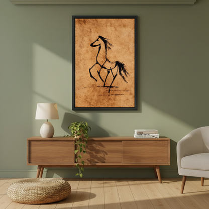 Prancing Ink Horse Canvas Wall Art framed above a wood console against an olive wall.