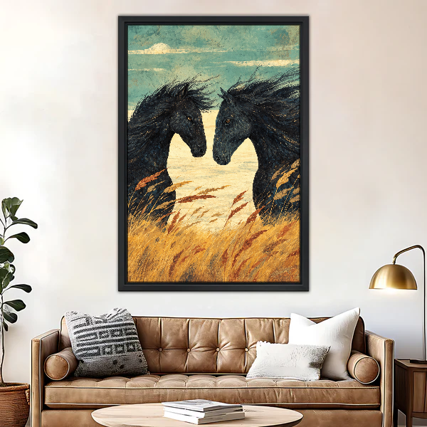 Horses Among Golden Grasses Canvas Wall Art framed above a brown leather sofa and brass lamp.