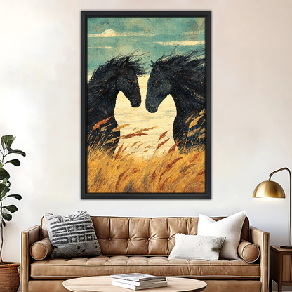 Horses Among Golden Grasses Canvas Wall Art framed above a brown leather sofa and brass lamp.