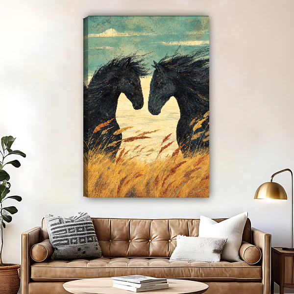 Horses Among Golden Grasses Canvas Wall Art unframed above a brown leather sofa and brass lamp.
