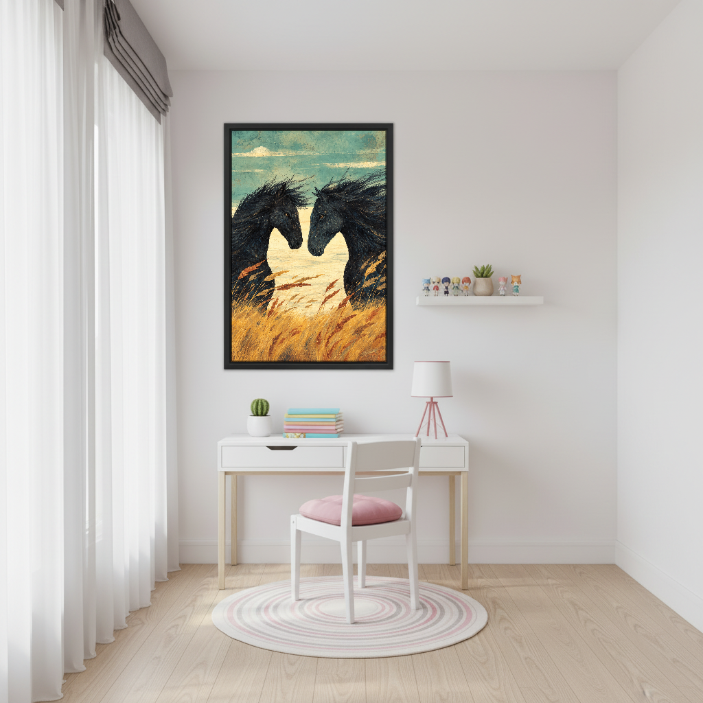 Horses Among Golden Grasses Canvas Wall Art framed above a white desk beside a pale pink chair.