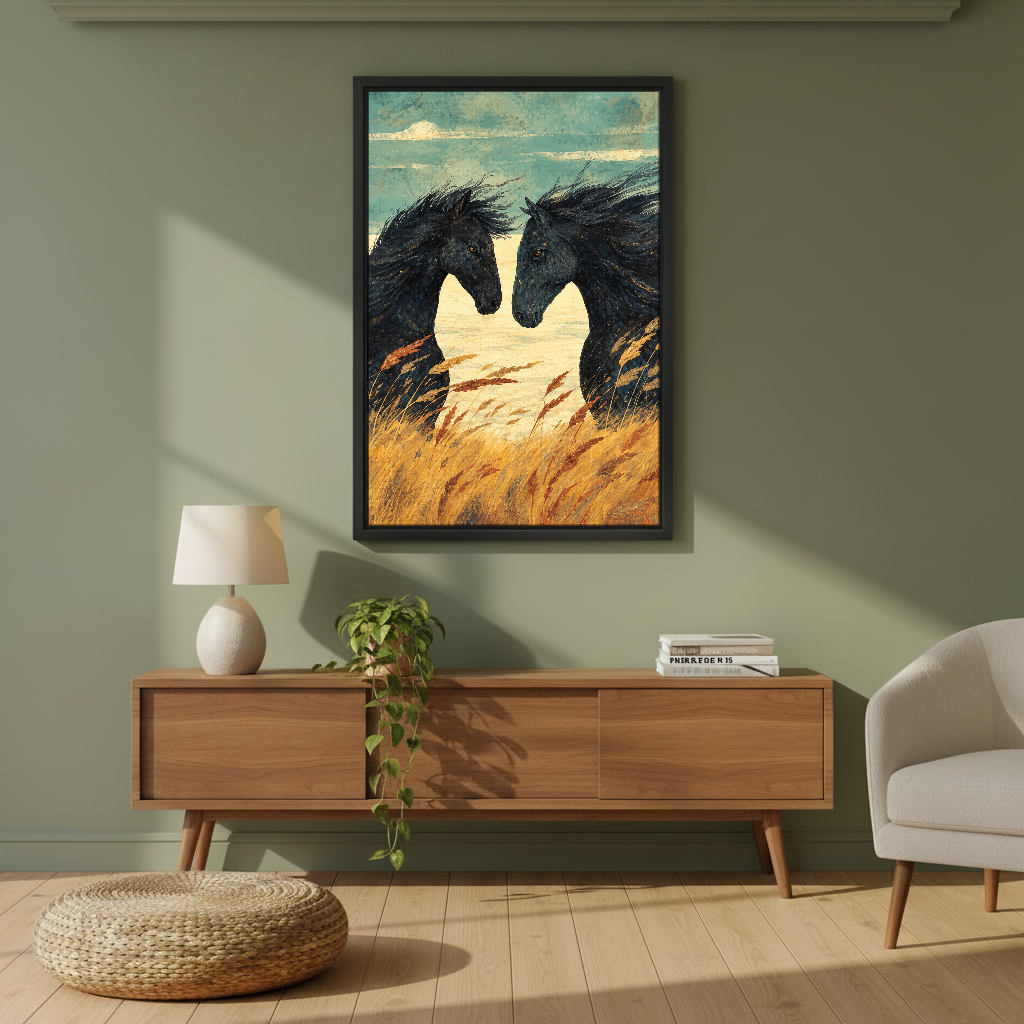 Horses Among Golden Grasses Canvas Wall Art framed above a wood console against an olive wall.