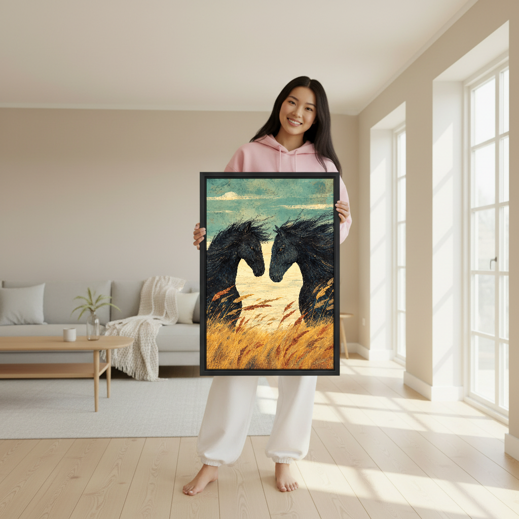 Horses Among Golden Grasses Canvas Wall Art held in a black frame by a woman in pink.
