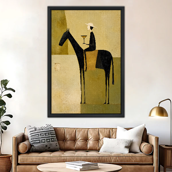 Elegant Rider Martini Hour Canvas Wall Art framed above a brown leather sofa and brass lamp.
