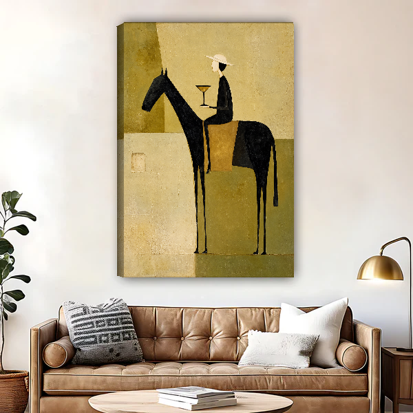 Elegant Rider Martini Hour Canvas Wall Art unframed above a brown leather sofa and brass lamp.
