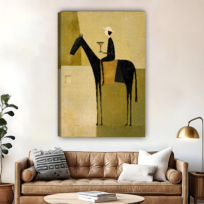 Elegant Rider Martini Hour Canvas Wall Art unframed above a brown leather sofa and brass lamp.