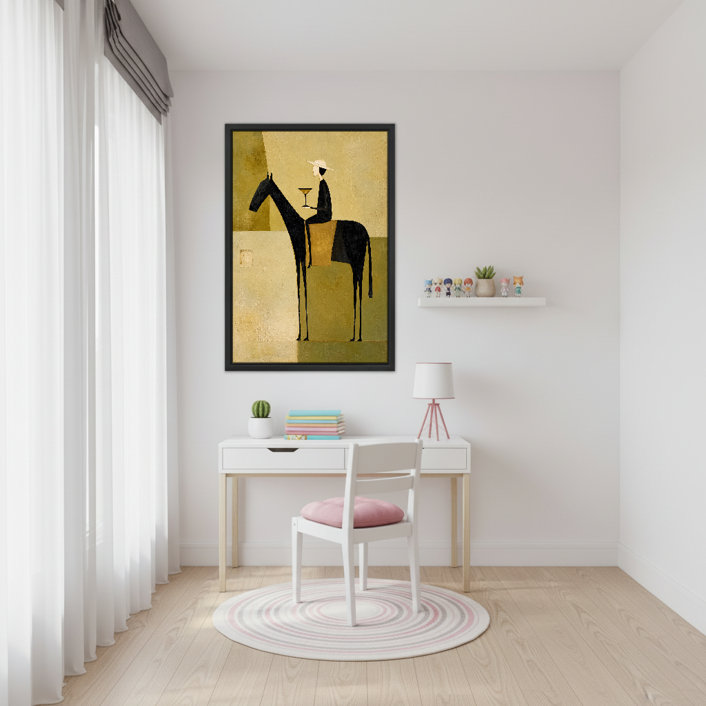 Elegant Rider Martini Hour Canvas Wall Art framed above a white desk beside a pale pink chair.