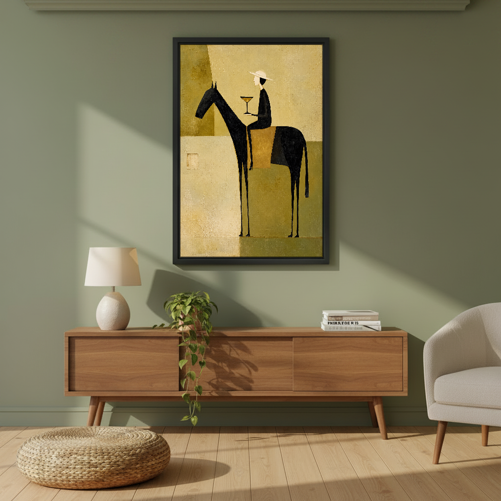 Elegant Rider Martini Hour Canvas Wall Art framed above a wood console against an olive wall.