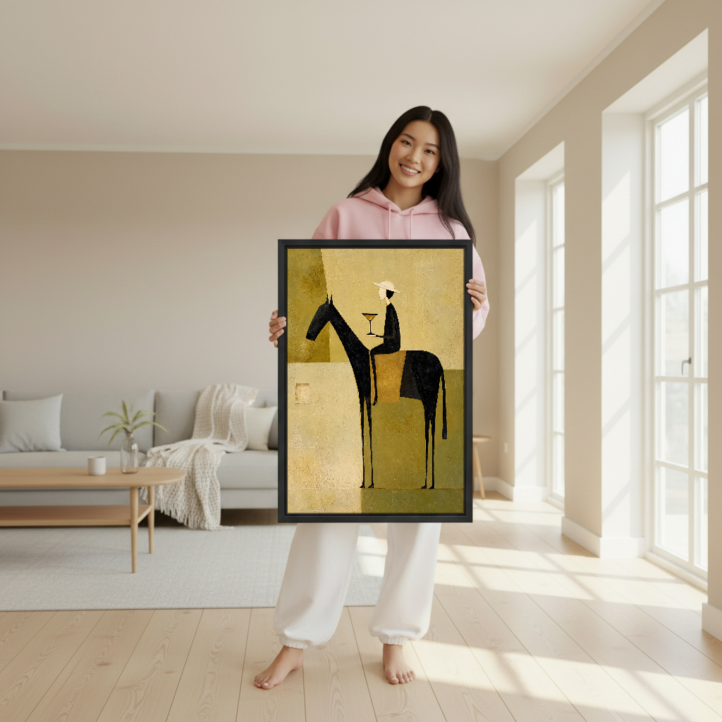 Elegant Rider Martini Hour Canvas Wall Art held in a black frame by a woman in pink.