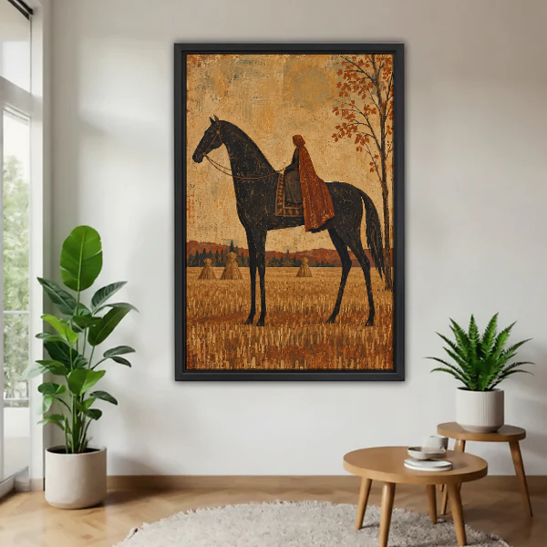 Autumn Horse Rider Canvas Wall Art framed above a pale wood table beside green plants.