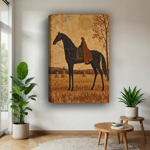 Autumn Horse Rider Canvas Wall Art unframed above a pale wood table beside green plants.