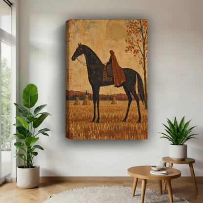 Autumn Horse Rider Canvas Wall Art unframed above a pale wood table beside green plants.