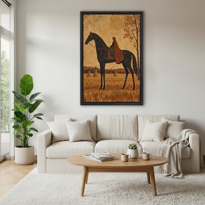 Autumn Horse Rider Canvas Wall Art framed above a cream sofa and round wood table.