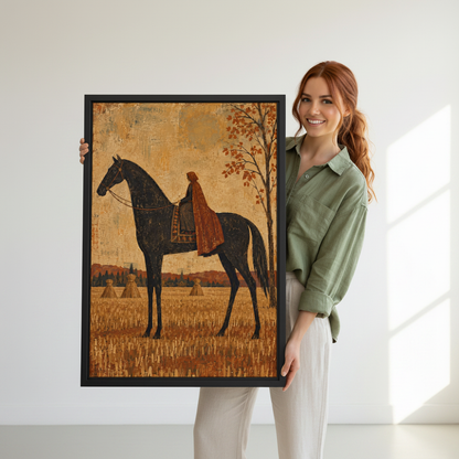 Autumn Horse Rider Canvas Wall Art held in a black frame by a woman in green.