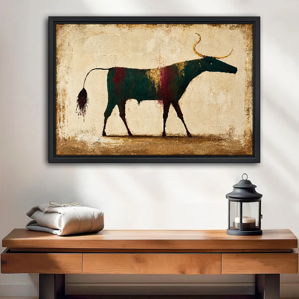 Weathered Folk Longhorn Canvas Wall Art framed above a wood console with lantern and folded linen.