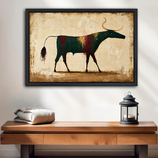 Weathered Folk Longhorn Canvas Wall Art framed above a wood console with lantern and folded linen.