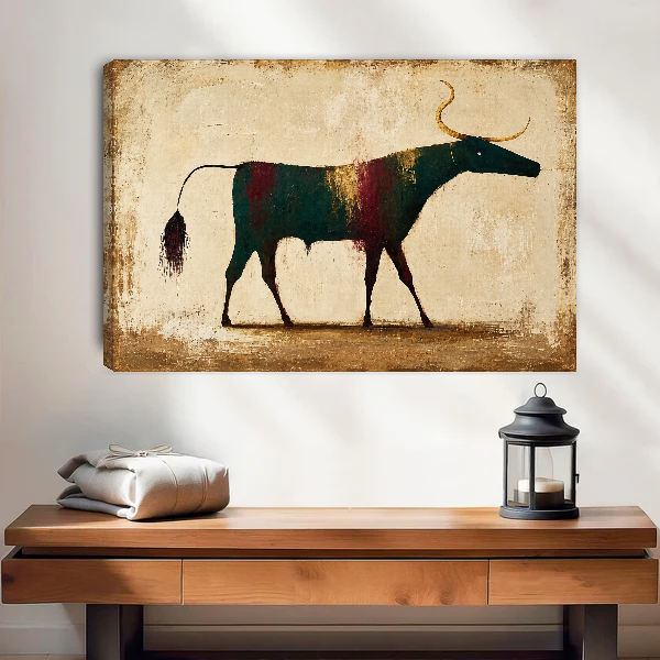 Weathered Folk Longhorn Canvas Wall Art unframed above a wood console with lantern and folded linen.