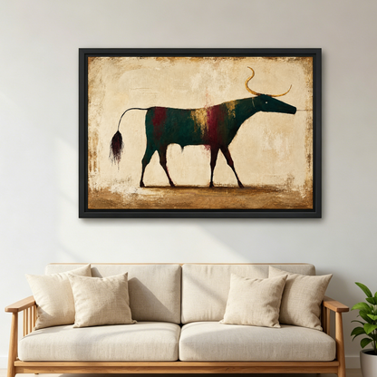 Weathered Folk Longhorn Canvas Wall Art framed above a cream sofa with wooden arms.