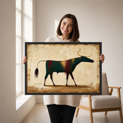 Weathered Folk Longhorn Canvas Wall Art held by a woman in a bright neutral room.