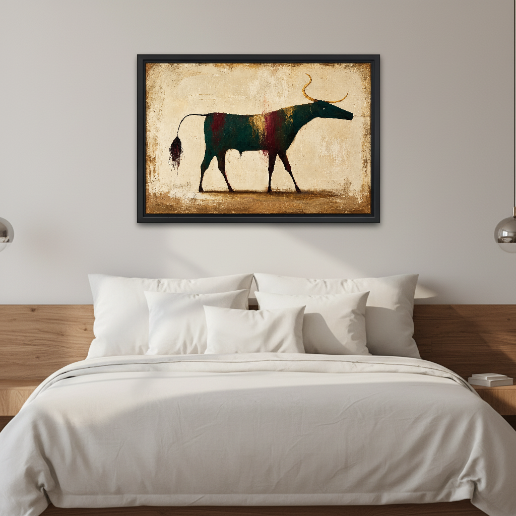 Weathered Folk Longhorn Canvas Wall Art framed above white bedding and wooden bedside tables.