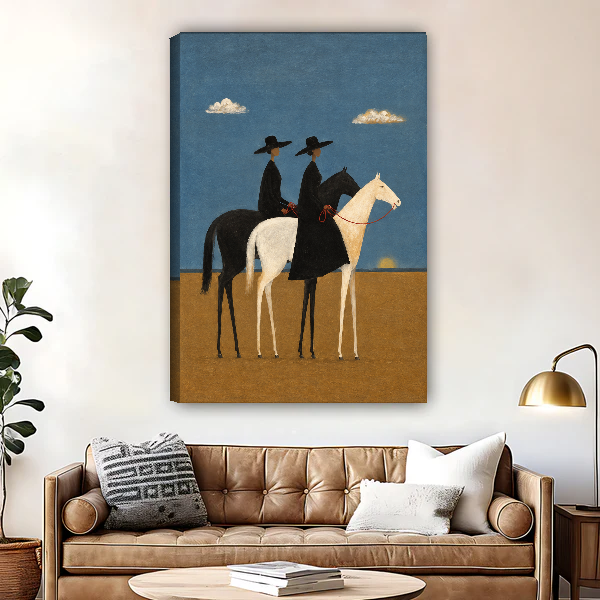 Two Riders Blue Sky Canvas Wall Art unframed above a brown leather sofa and brass lamp.