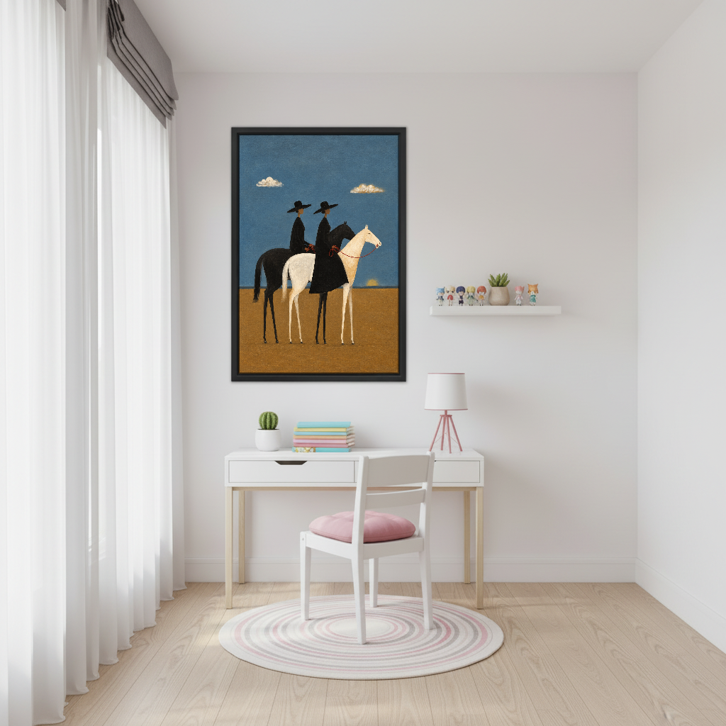 Two Riders Blue Sky Canvas Wall Art framed above a white desk beside a pale pink chair.