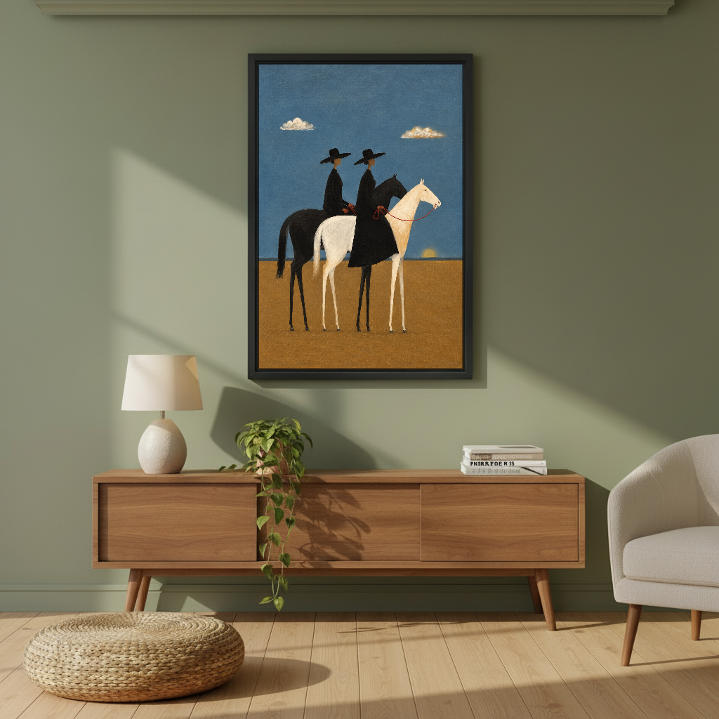 Two Riders Blue Sky Canvas Wall Art framed above a wood console against an olive wall.