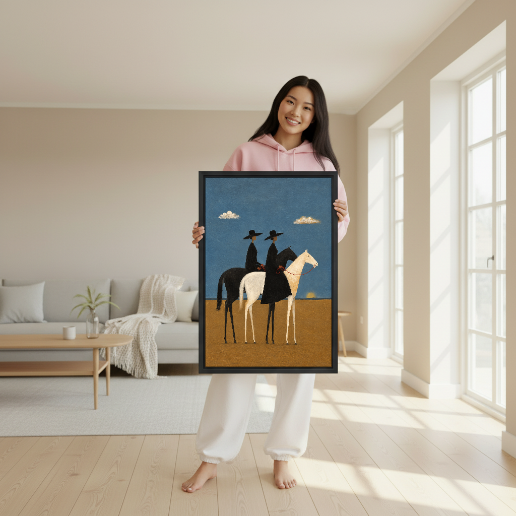 Two Riders Blue Sky Canvas Wall Art held in a black frame by a woman in pink.