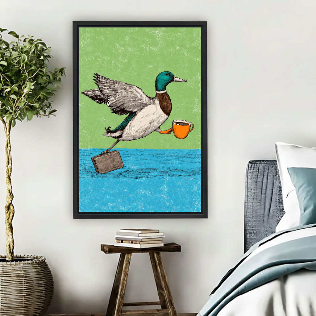 Coffee Commuter Duck Canvas Wall Art framed above pale blue bedding beside books and plants.