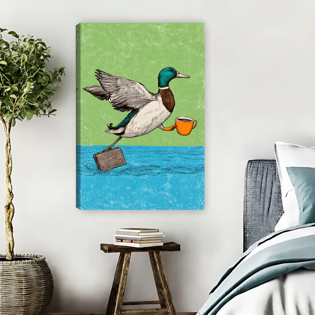 Coffee Commuter Duck Canvas Wall Art unframed above pale blue bedding beside a potted tree.