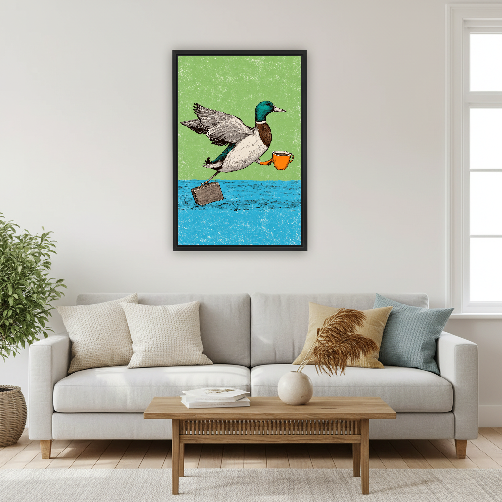 Coffee Commuter Duck Canvas Wall Art framed above a cream sofa with blue cushions.