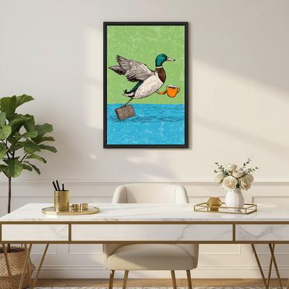 Coffee Commuter Duck Canvas Wall Art framed above a white desk with gold legs and plants.