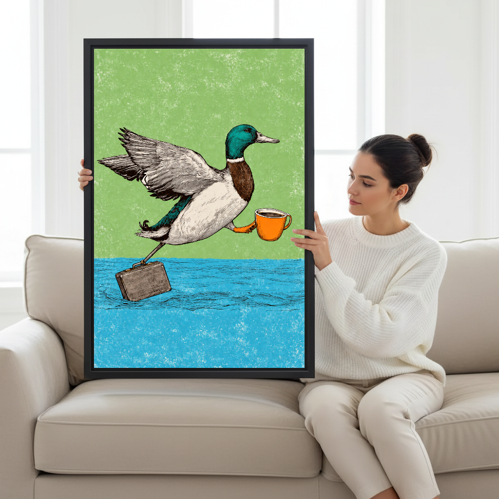 Coffee Commuter Duck Canvas Wall Art held by a seated woman beside a cream sofa.