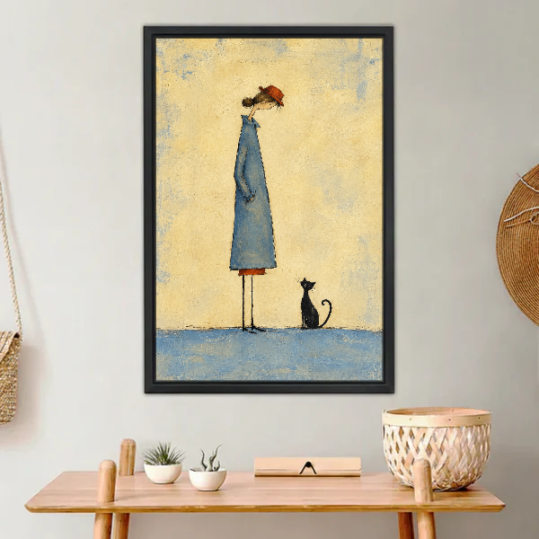 Little Cat Quiet Company Canvas Wall Art framed above a light wood console with cacti.