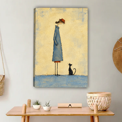 Little Cat Quiet Company Canvas Wall Art unframed above a light wood console and woven basket.