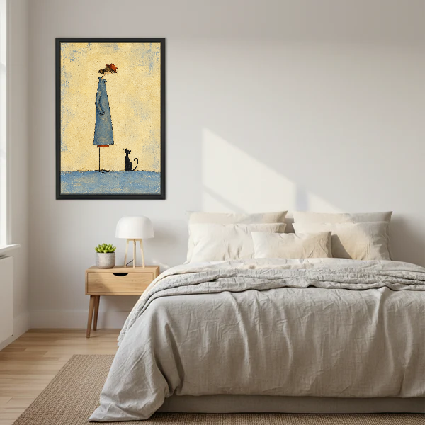 Little Cat Quiet Company Canvas Wall Art framed above cream bedding and pale wood nightstands.