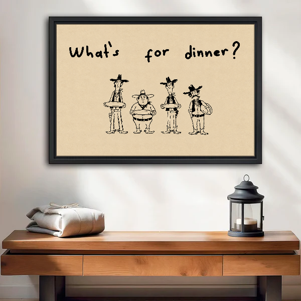 Cowboys Dinner Question Canvas Wall Art framed above a wood console with lantern and folded linen.