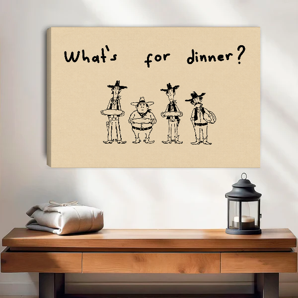 Cowboys Dinner Question Canvas Wall Art unframed above a wood console with lantern and folded linen.