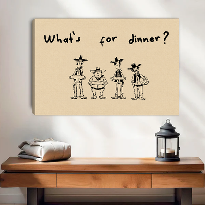 Cowboys Dinner Question Canvas Wall Art unframed above a wood console with lantern and folded linen.