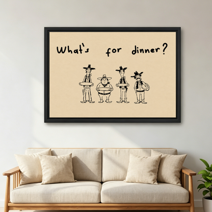 Cowboys Dinner Question Canvas Wall Art framed above a cream sofa with wooden arms.
