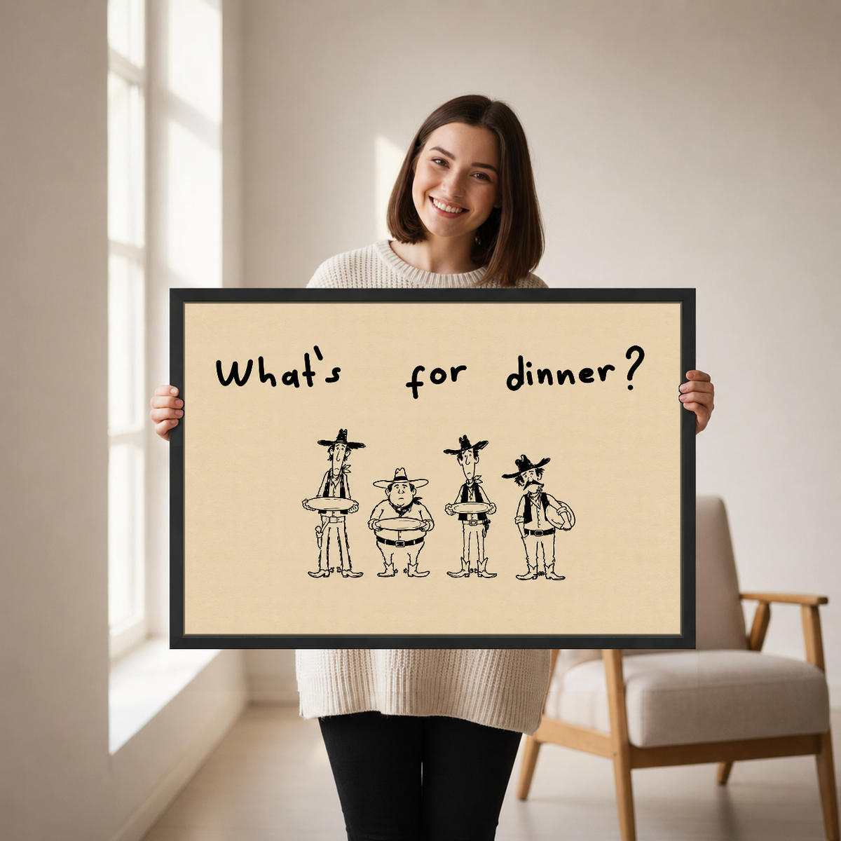 Cowboys Dinner Question Canvas Wall Art held by a woman in a bright neutral room.