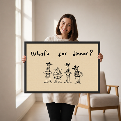 Cowboys Dinner Question Canvas Wall Art held by a woman in a bright neutral room.