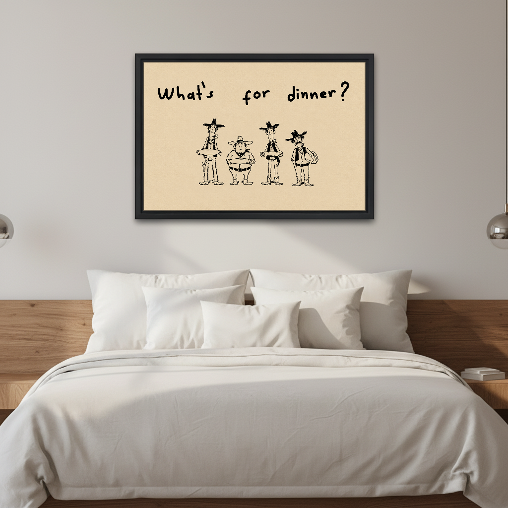 Cowboys Dinner Question Canvas Wall Art framed above white bedding and wooden bedside tables.