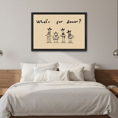Cowboys Dinner Question Canvas Wall Art framed above white bedding and wooden bedside tables.