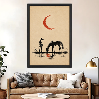 Cowboy Horse Red Moon Canvas Wall Art framed above a brown leather sofa and brass lamp.