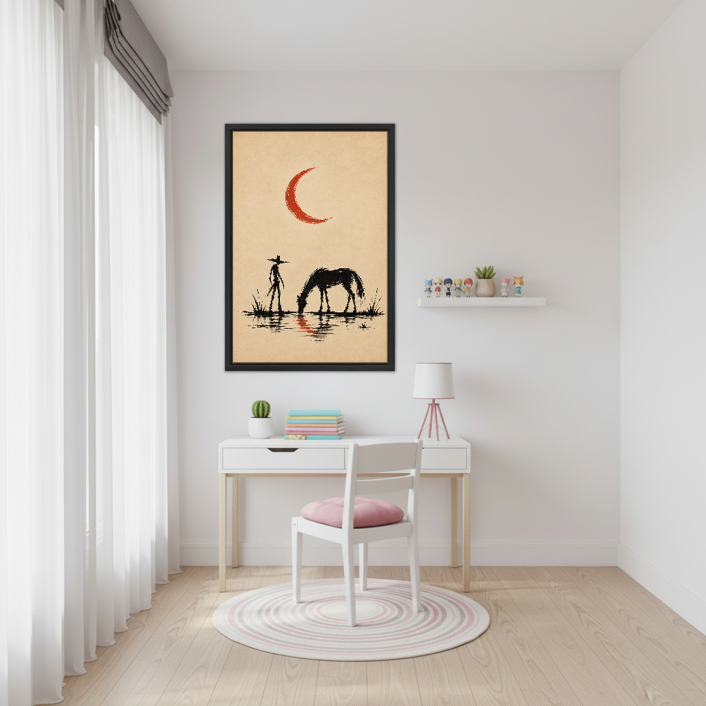 Cowboy Horse Red Moon Canvas Wall Art framed above a white desk beside a pale pink chair.