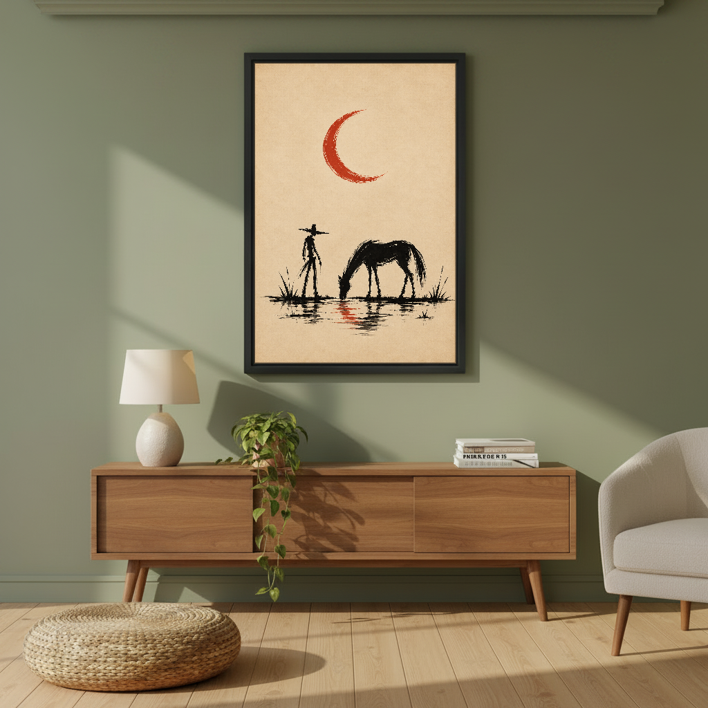 Cowboy Horse Red Moon Canvas Wall Art framed above a wood console against an olive wall.