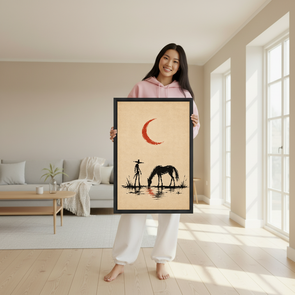 Cowboy Horse Red Moon Canvas Wall Art held in a black frame by a woman in pink.