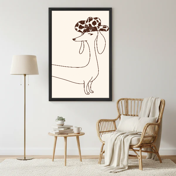 Cowboy Hat Dachshund Canvas Wall Art framed beside a wicker armchair and brass floor lamp.